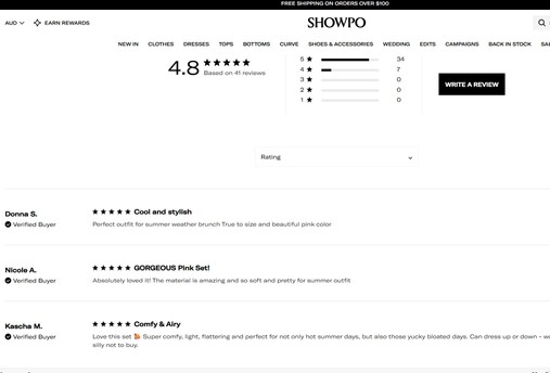 Social Proof in eCommerce, example, Showpo website